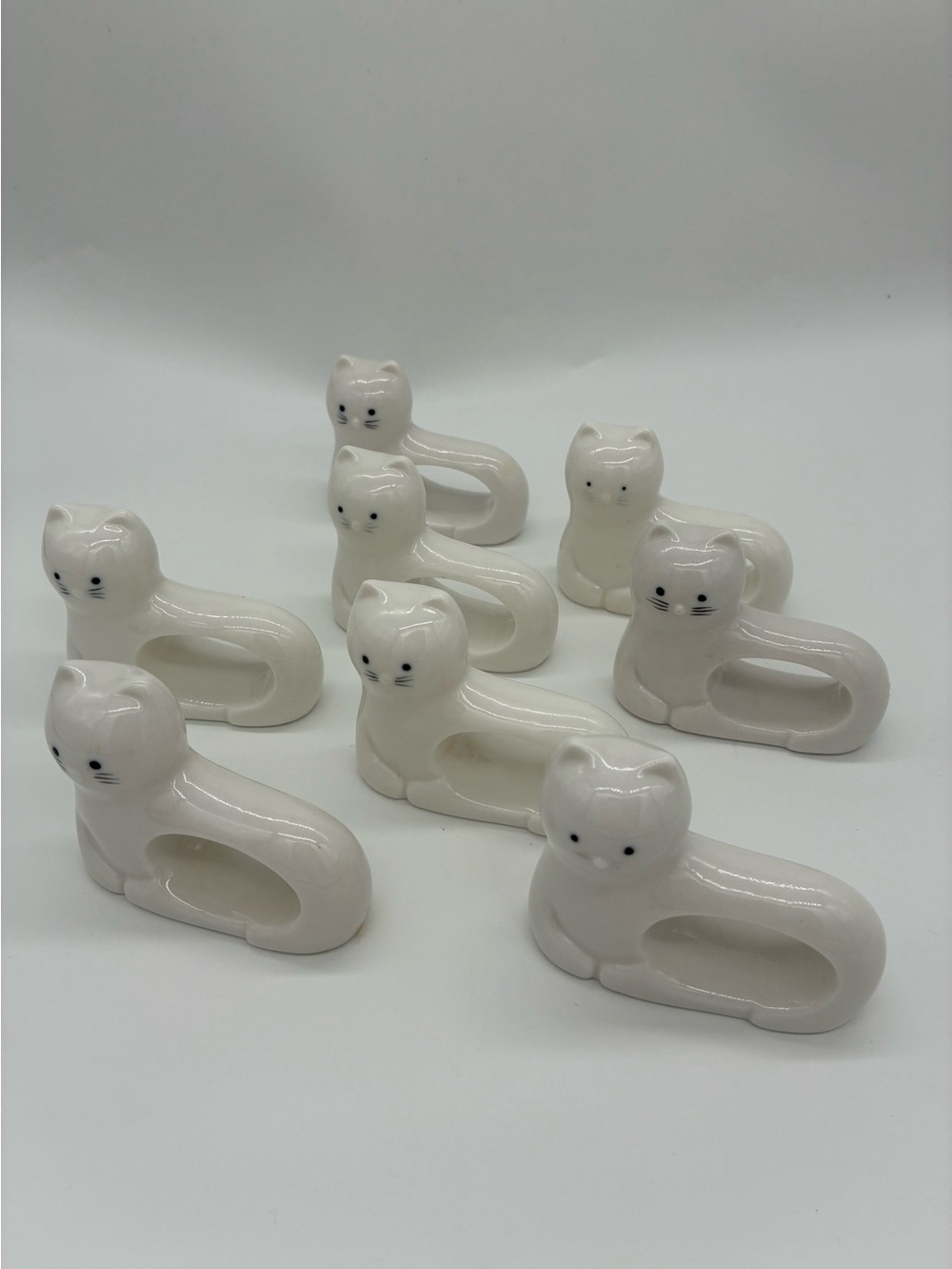 White Ceramic Cat Napkin Rings - Set of 8